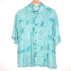 Campia Moda Men's Button Up Shirt Medium Turquoise Blue Hawaiian Lobster Camp